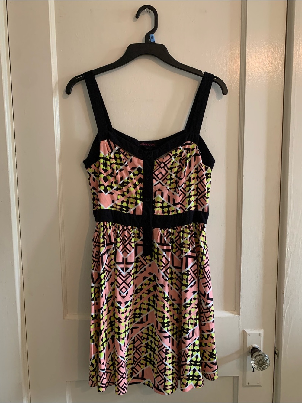 Material Girl Neon Pink Geo Button-Front Dress with Black Trim by Material Girl